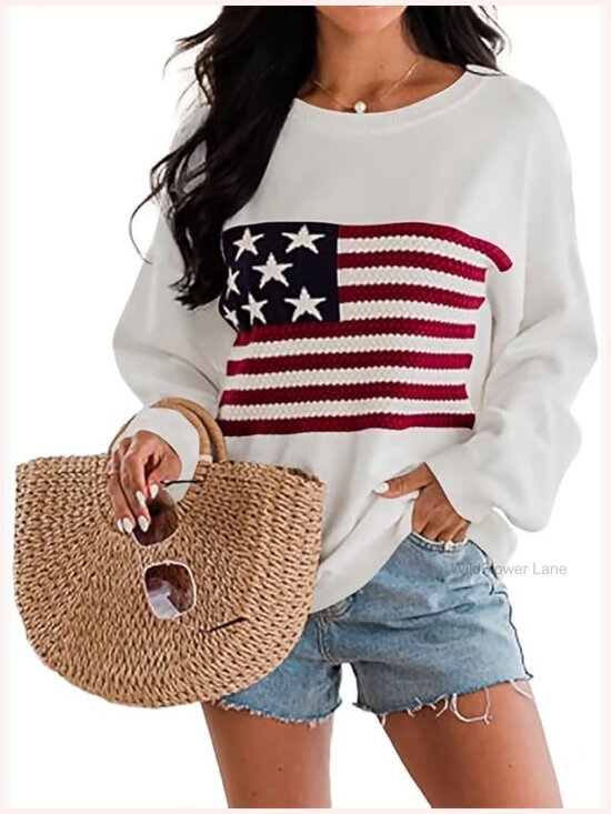Sweaters - American Flag Knit Sweater Long Sleeve Crew Neck Pullover